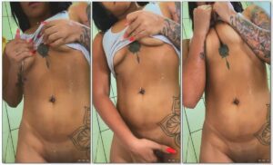Erika Souza mostrando seu corpo nu e a água escorrendo durante o banho