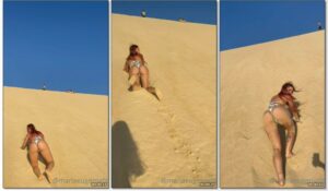 Maria Eugênia arrasando ao se exibir enquanto sobe as dunas devagar com destaque para seu bumbum glamouroso