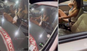 Sammy Gomes foi flagrada mostrando seu privacy dentro do carro em um posto de gasolina