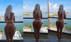 Martina Smith, famosa do OnlyFans, foi vista sem roupa na varanda de seu apartamento com uma bela vista para o mar