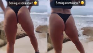 Garota com máscara exibindo o bundão na praia com a calcinha marcada