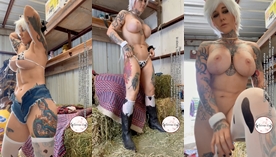 Xxautumnivyxx, uma influenciadora com várias tatuagens sensuais, se fantasiando de vaquinha e se despiindo em cima do feno