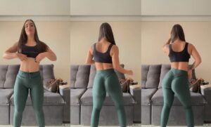 Mariana Casaroto dançando de forma sensual com calça justa realçando suas curvas