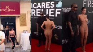Bianca Censori despida, exibindo as teta em público com um vestido super transparente