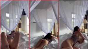 Fernanda Mota Farhat deitada na cama, exibindo sua deliciosa intimidade