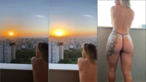 Julinha Govea, aquela gostosa cheia de tatuagens, curtindo um sol de fio dental na varanda