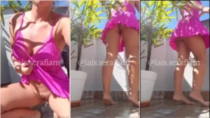 Lais, toda prontinha num vestido rosa bem justo, sem calcinha, deixando tudo à mostra
