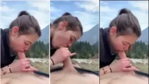 Novinha caseira deita no mato, dando um trato bem gostoso no namorado durante o acampamento